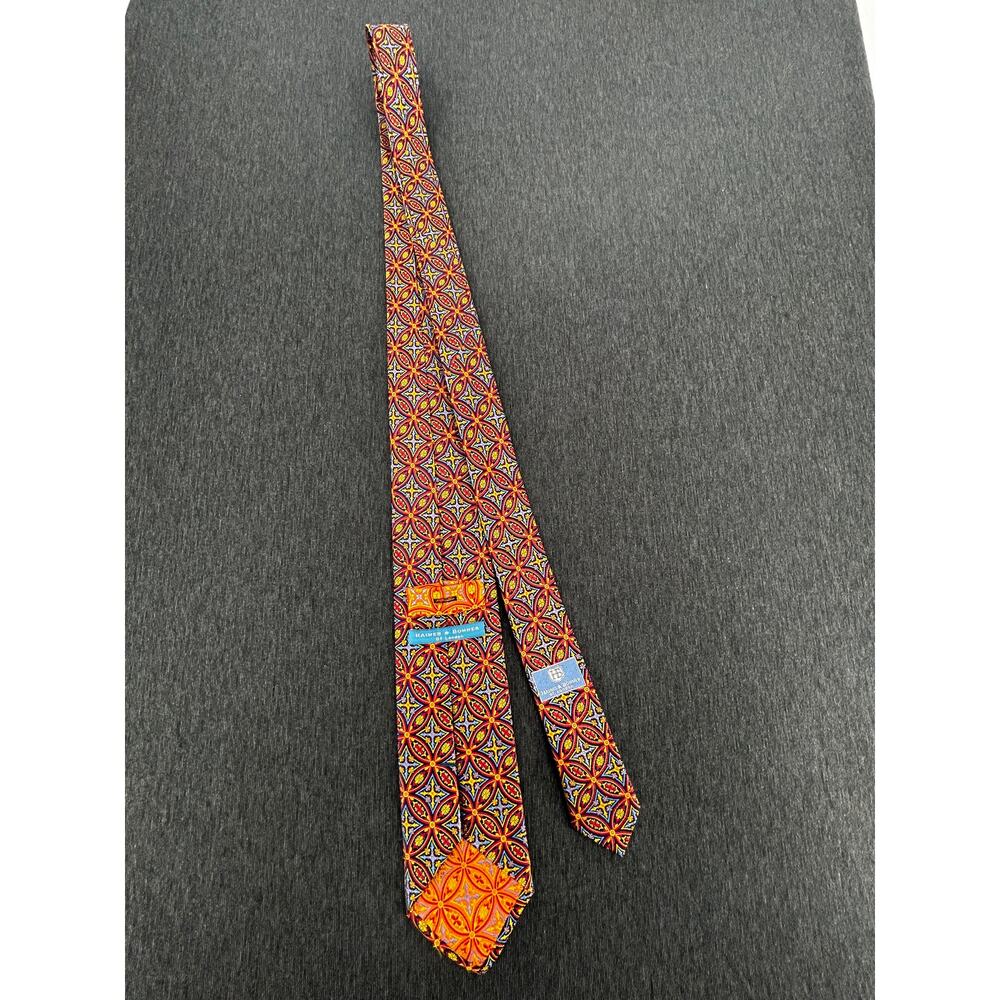 Haines & Bonner London Silk Tie Handmade Red Gold Blue Geometric Medallion Print